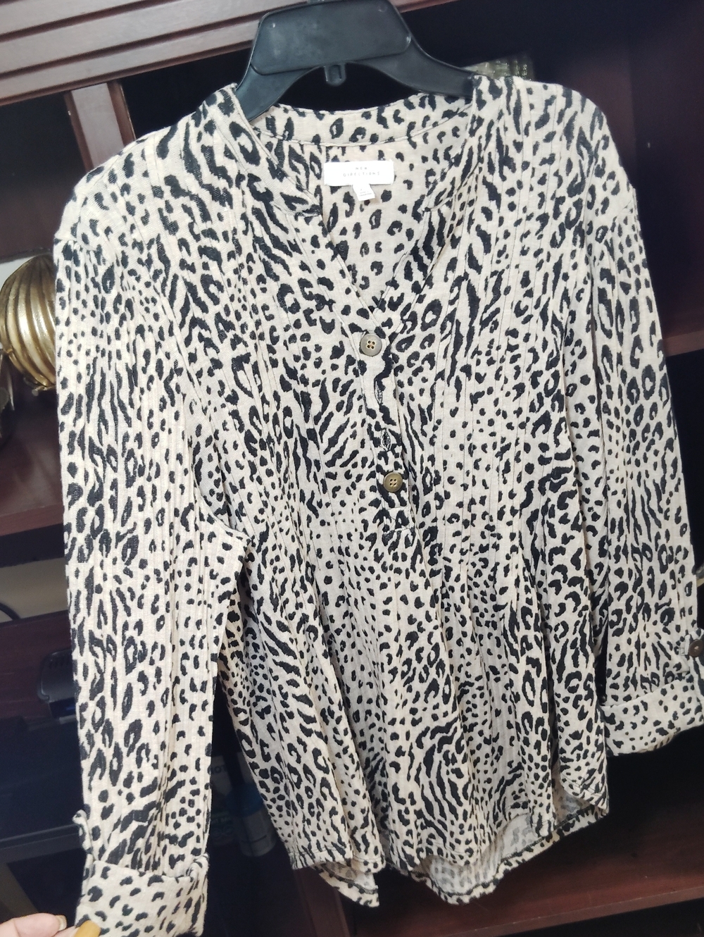 new directions Black and Cream Leopard Print Button-Front Top